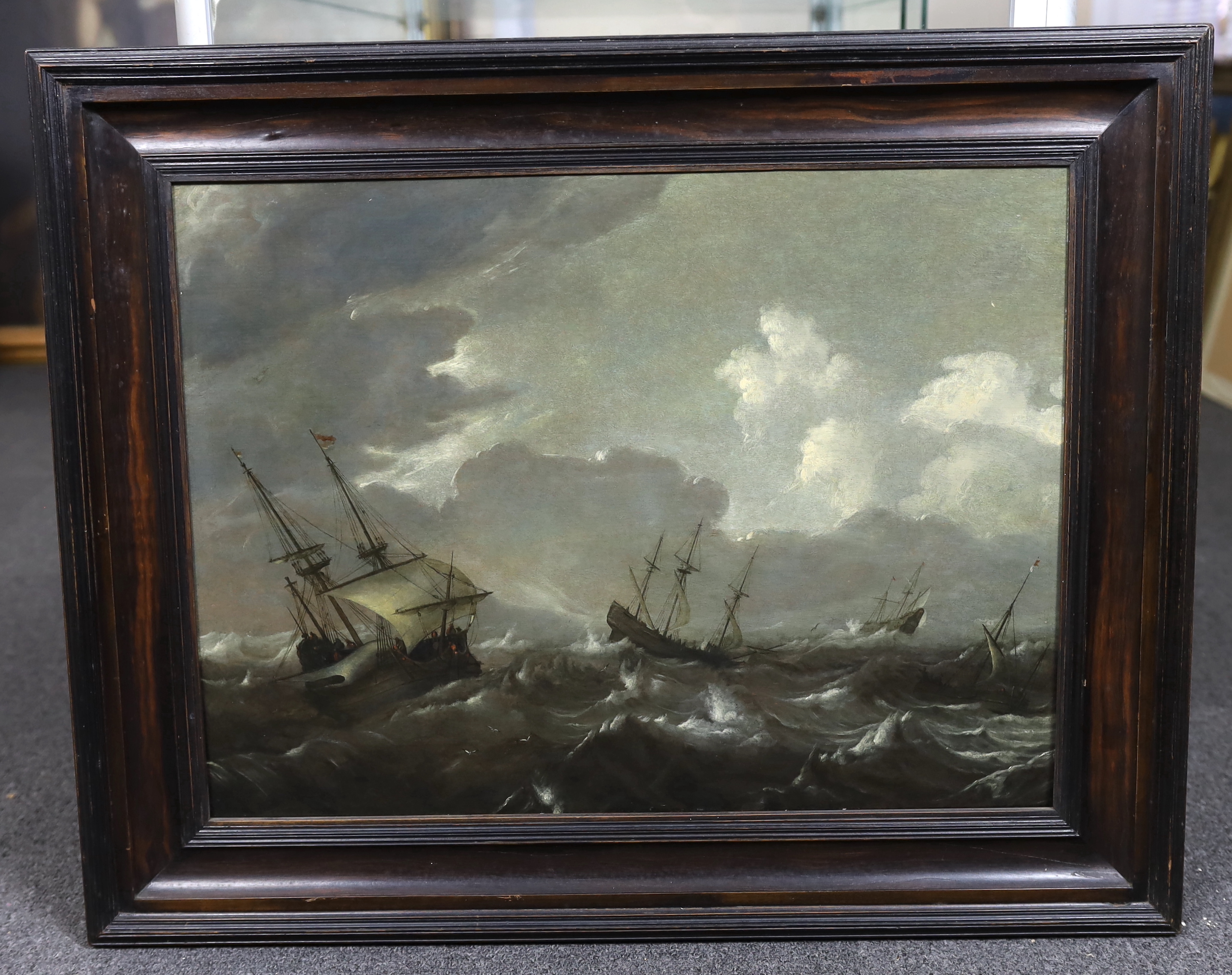 Circle of Jan Porcellis (Dutch, 1584-1632), Shipping at sea in a gale, oil on panel, 44 x 59cm, Please note this lot attracts an additional import tax of 5% on the hammer price